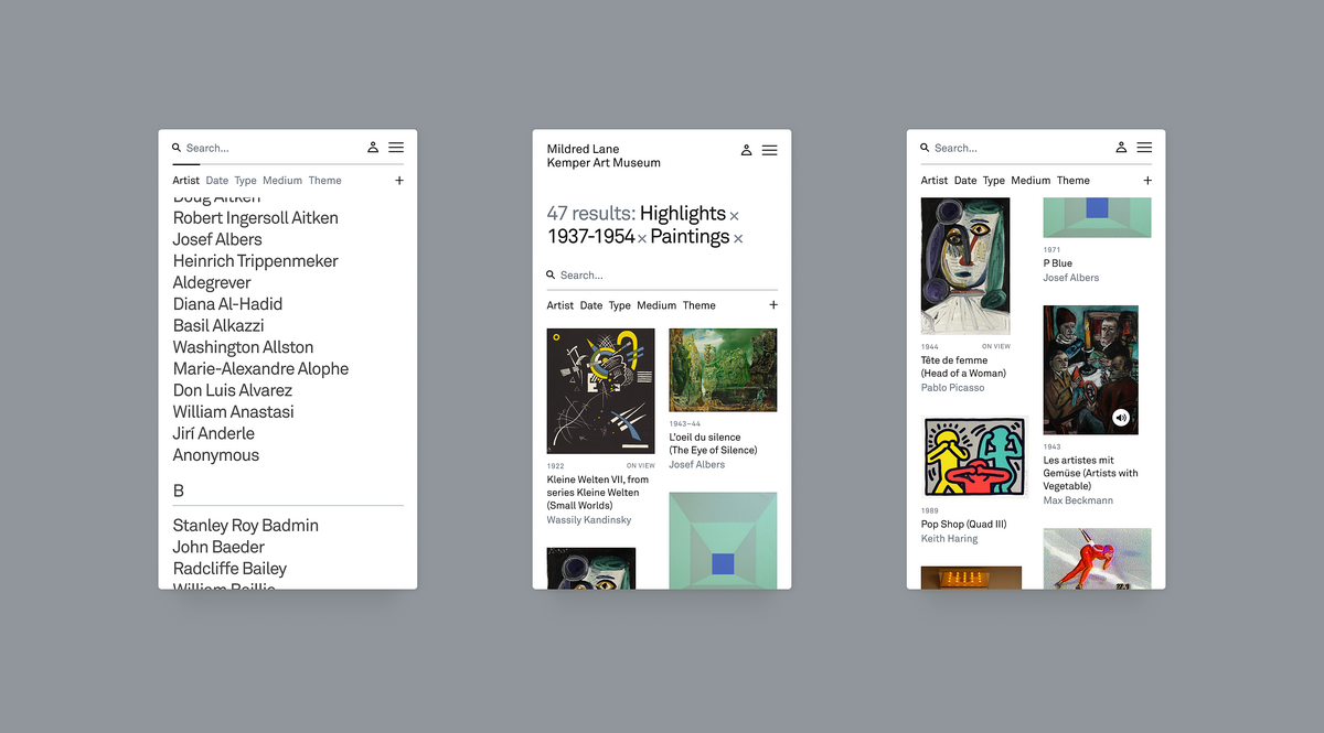 Image of the Kemper Art museum website on 3 mobile devices, showcasing varied, dynamic displays and clean design.